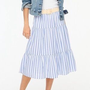 J. Crew Blue and White Striped Tiered Midi Skirt